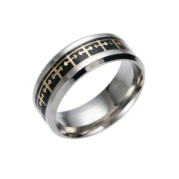 3/$35 Men's Black & Gold Cross Pattern Stainless Steel Silver Band Ring Jewelry - Picture 1 of 3